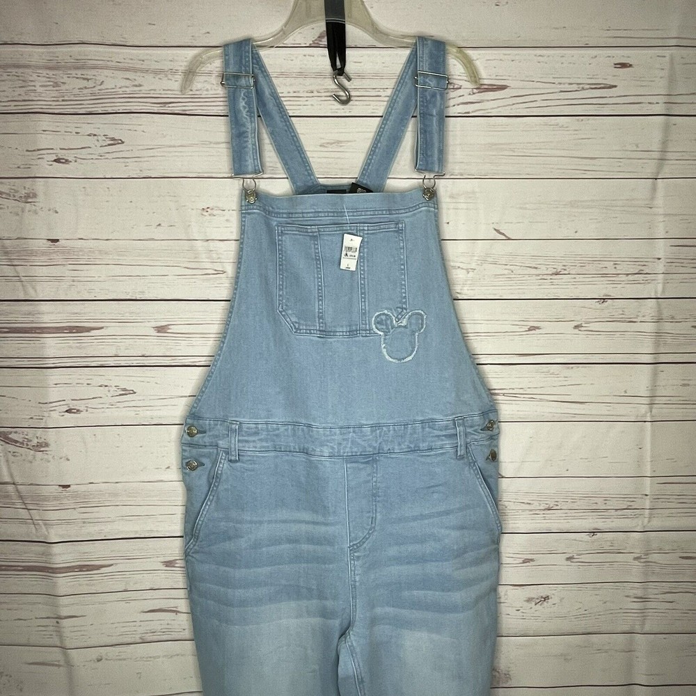 Disney Embroidered Mickey Mouse Women's Denim Overalls Size L Jean Light Blue